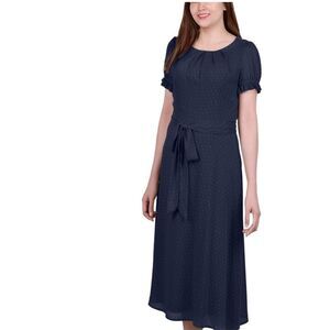 NY Collection Womens Swiss Dot Pin Tuck Midi Dress, Blue, Petite, PL, DM